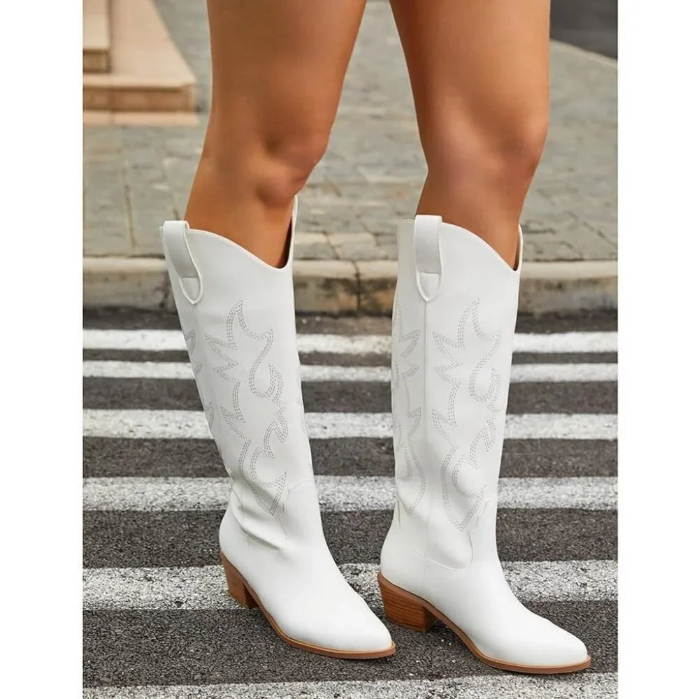 🆕Women White Polyurethane Embroidered Chunky Heel Knee High Western Boot